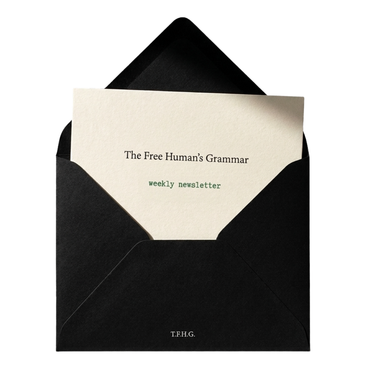 The Free Human's Grammar — open envelope with card emerging