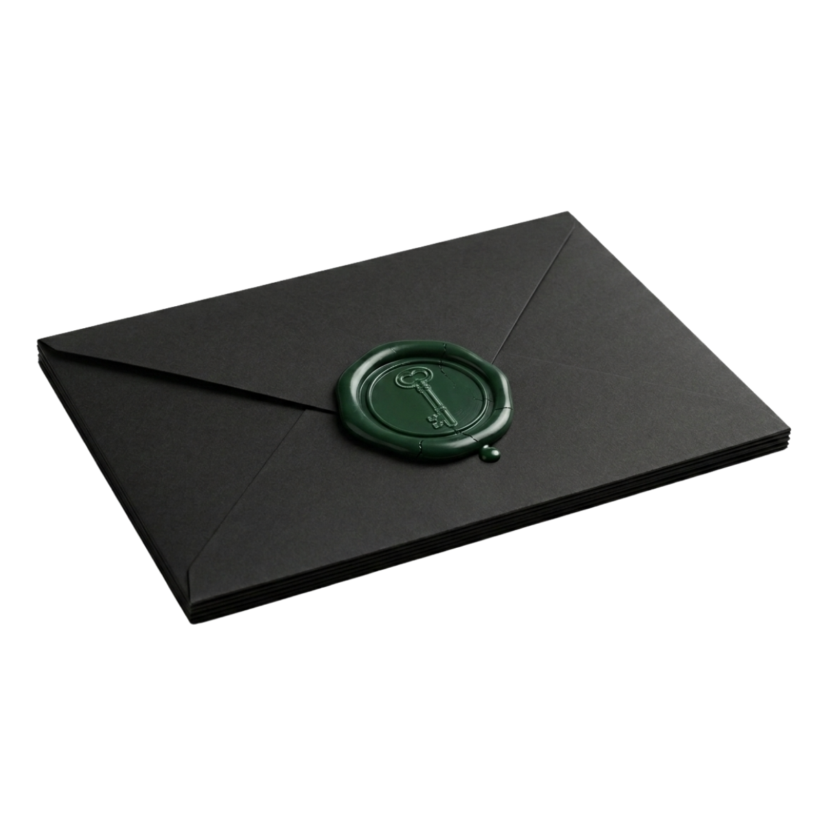 The Sealed Edition — closed matte black envelope with forest green wax seal
